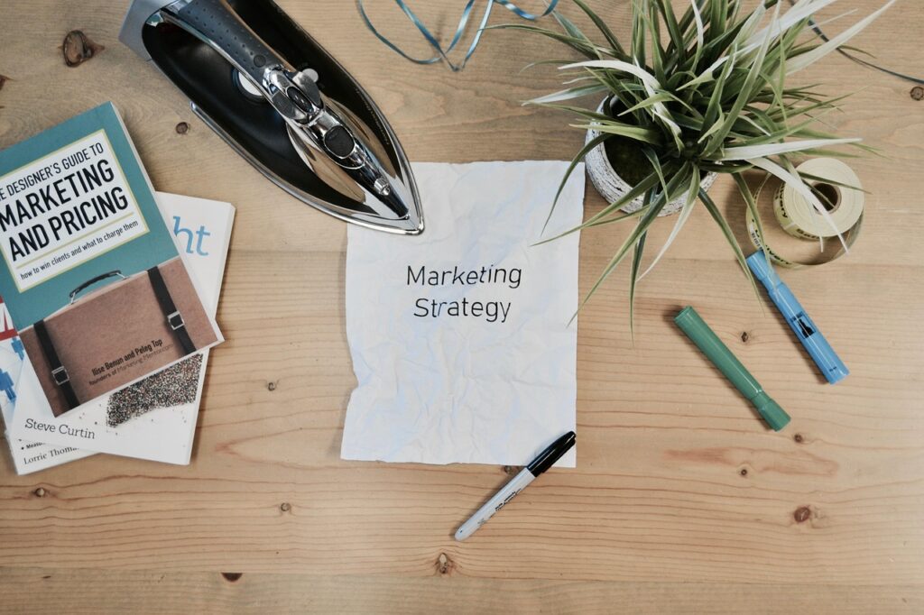 Marketing strategy diagram on a whiteboard